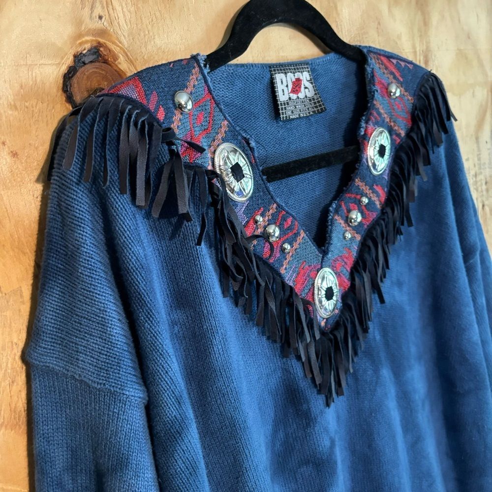 Vintage 80s BOOS Western Fringe Oversized Blue 100% Cotton Sweater One Size - Picture 2 of 5